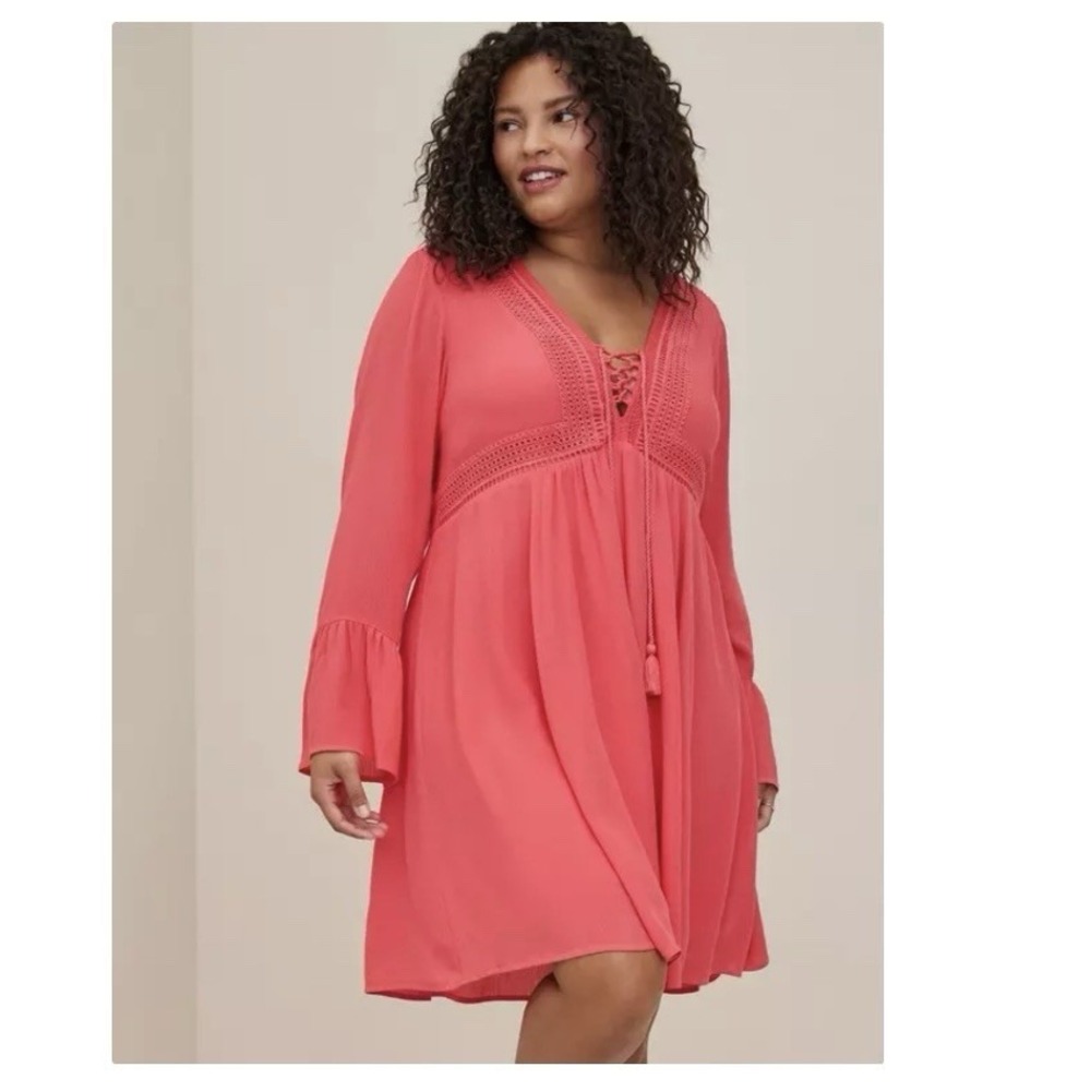 Torrid Pink Gauze Lace-Up Bell Sleeve Skater Dress Size 2X